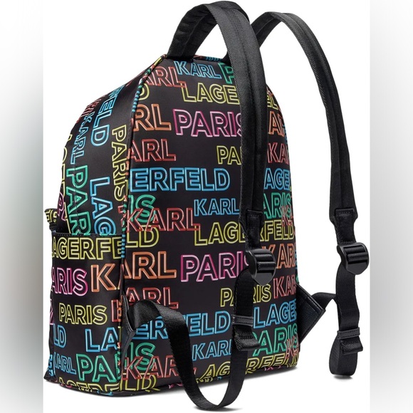 NWT $198 KARL LAGERFELD AMOUR BACKPACK BLACK MULTI LOGO PADDED - Picture 2 of 6